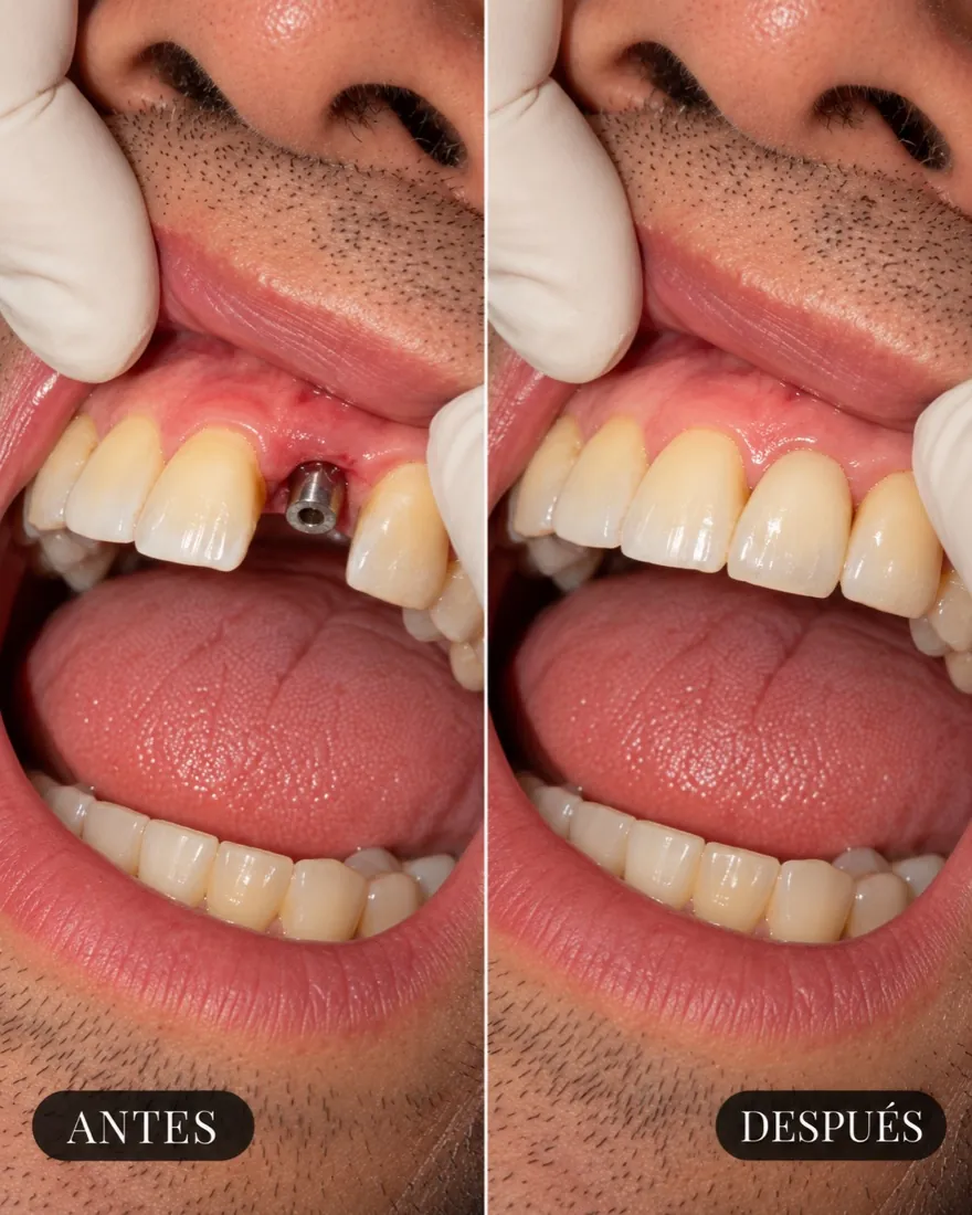 Antes y después: implante en diente frontal superior con corona estética